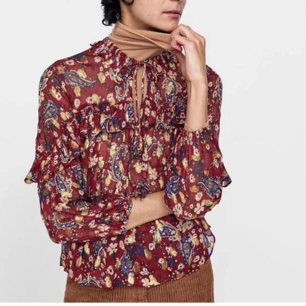 Zara BOHo RUFFLED FLORAL PRINT PAISLEY BLOUSE